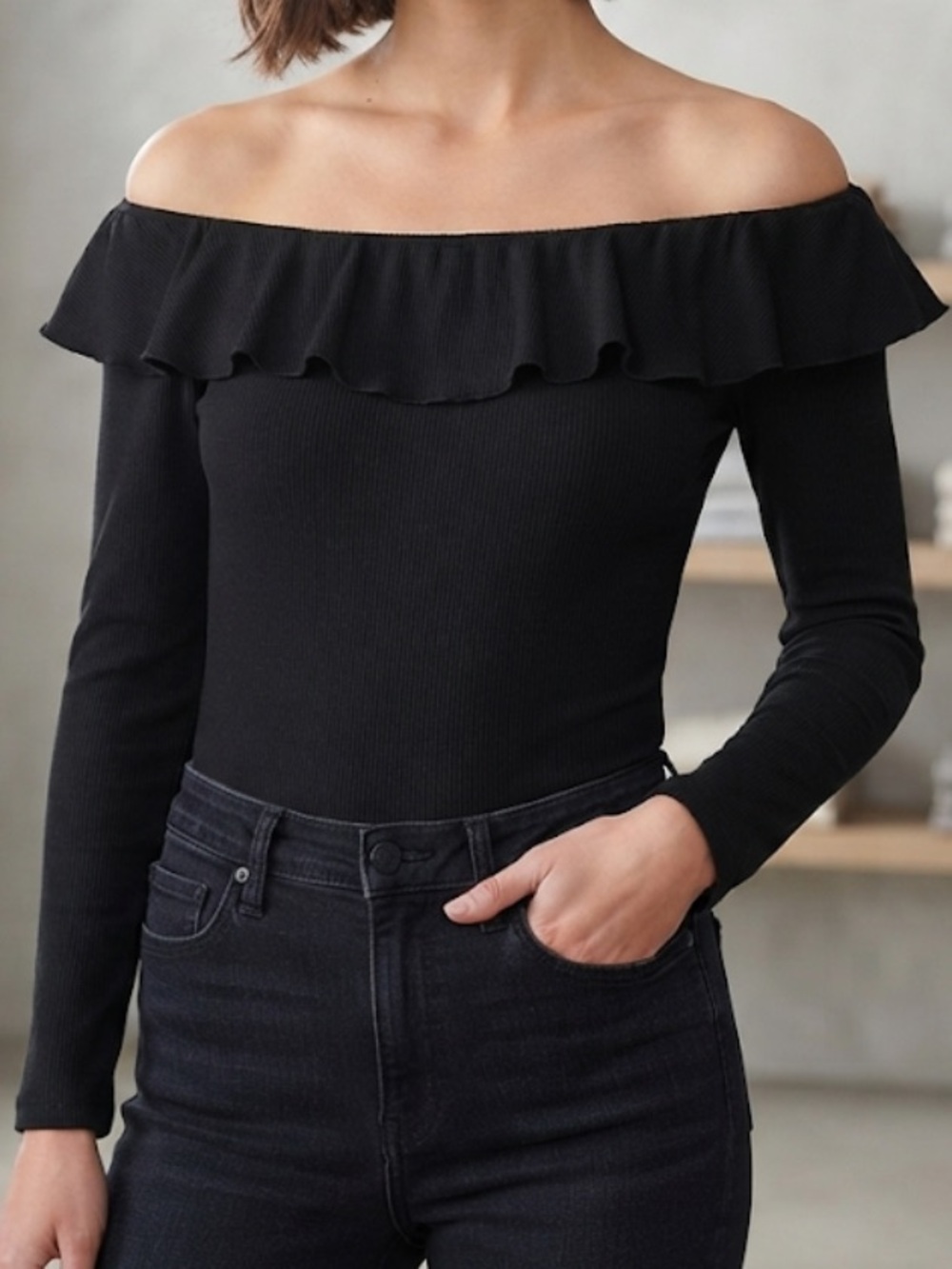 MISS SELFRIDGE Black Off The Shoulder Ruffle Ribbed Bardot Bodysuit Size 0 NWOT